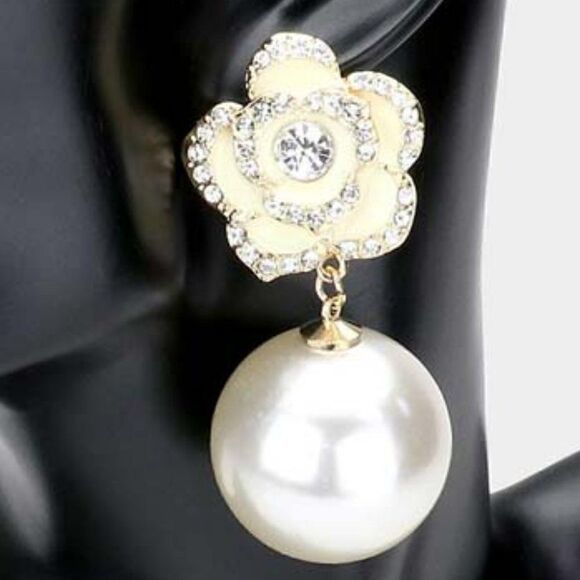 Enamel White Camellia Flower Pearl Gold Earrings - Picture 2 of 5